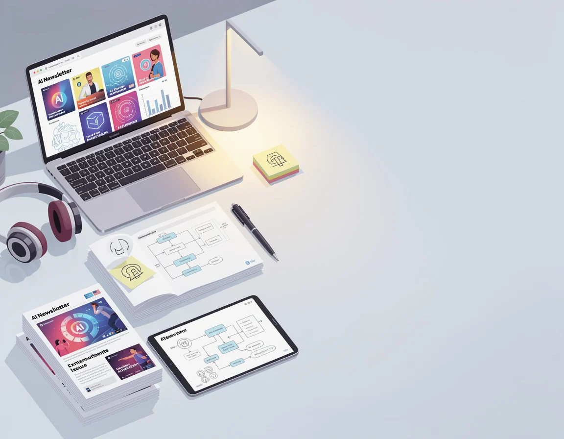Meja baca digital dengan arsip newsletter AI dan catatan eksperimen